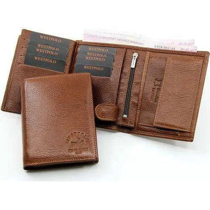Men's Elegant Taba Leather Wallet by West Polo - Secure Zippered Coin Compartment, Spacious Design, and Gift-Ready Packaging with Fast Shipping - Très Elite