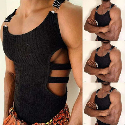 Men's Fashion-Forward Adjustable Slim-Fit Knitted Crop Top with Trendy Side Cutouts - Très Elite