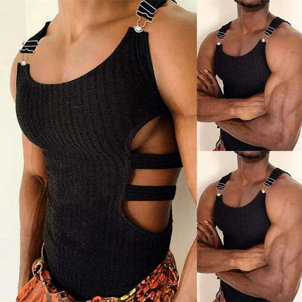 Men's Fashion-Forward Adjustable Slim-Fit Knitted Crop Top with Trendy Side Cutouts - Très Elite