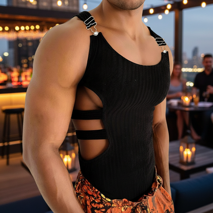 Men's Fashion-Forward Adjustable Slim-Fit Knitted Crop Top with Trendy Side Cutouts - Très Elite