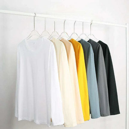 Men's Heavyweight Cotton O-neck Long-sleeved T-shirt - Solid Color Casual Top for Spring and Autumn Couples - Très Elite