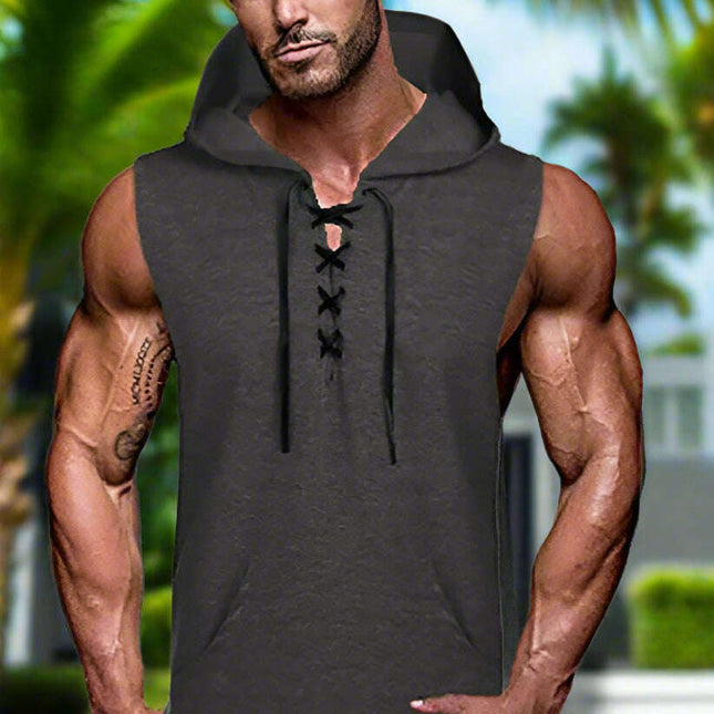 Men's Knit Sleeveless Lace-Up Hoodie