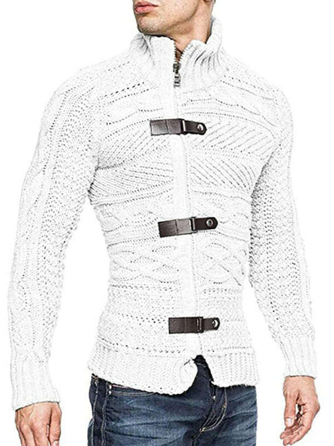 Men's Leather Button Long Sleeve Knitted Cardigan Jacket