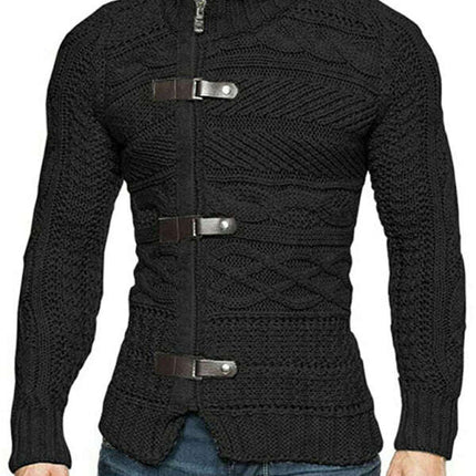 Men's Leather Button Long Sleeve Knitted Cardigan Jacket