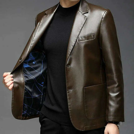 Men's Premium Faux Leather Lapel Jacket with Elegant Button Cuffs and Practical Pockets - Très Elite