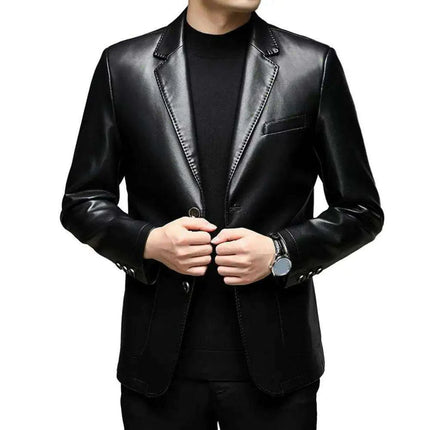 Men's Premium Faux Leather Lapel Jacket with Elegant Button Cuffs and Practical Pockets - Très Elite