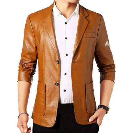Men's Premium Faux Leather Lapel Jacket with Elegant Button Cuffs and Practical Pockets - Très Elite