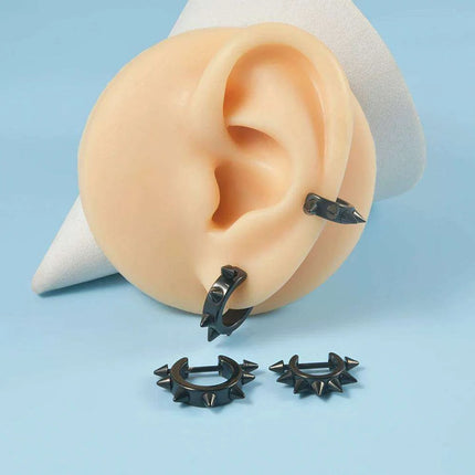 Men's Silver/Black Stainless Steel Spike Hoop Earring - Edgy Cartilage Jewelry for Tragus, Helix, and Daith Piercings - Très Elite