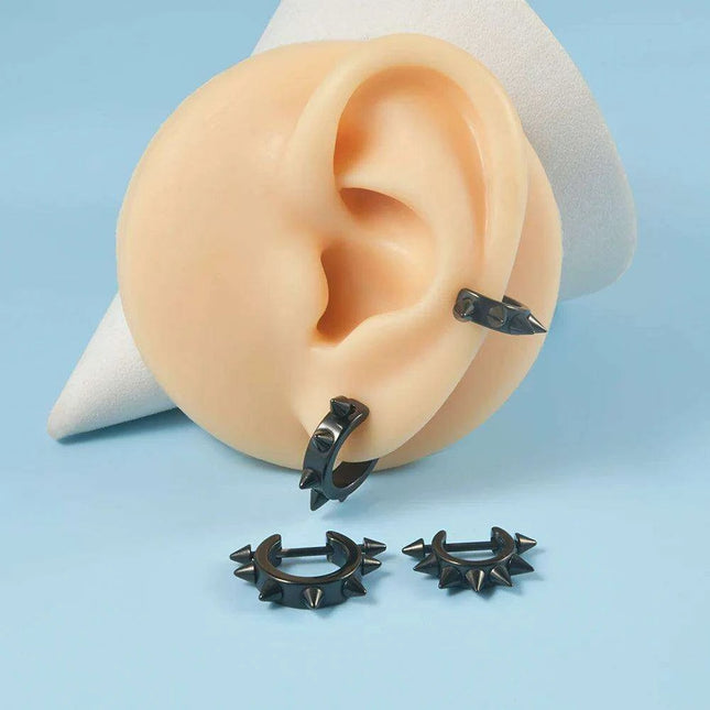Men's Silver/Black Stainless Steel Spike Hoop Earring - Edgy Cartilage Jewelry for Tragus, Helix, and Daith Piercings