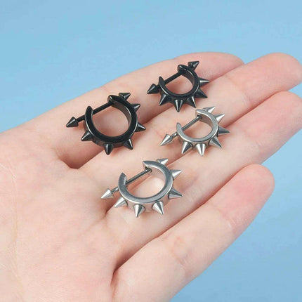Men's Silver/Black Stainless Steel Spike Hoop Earring - Edgy Cartilage Jewelry for Tragus, Helix, and Daith Piercings - Très Elite