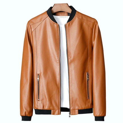 Men's Slim Fit Collarless Faux Leather Baseball Jacket - Trendy Korean Style - Très Elite