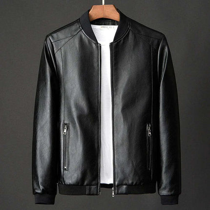 Men's Stylish Collarless Slim Fit Faux Leather Jacket - Trendy Korean Baseball Coat - Très Elite
