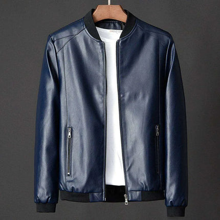 Men's Stylish Collarless Slim Fit Faux Leather Jacket - Trendy Korean Baseball Coat - Très Elite