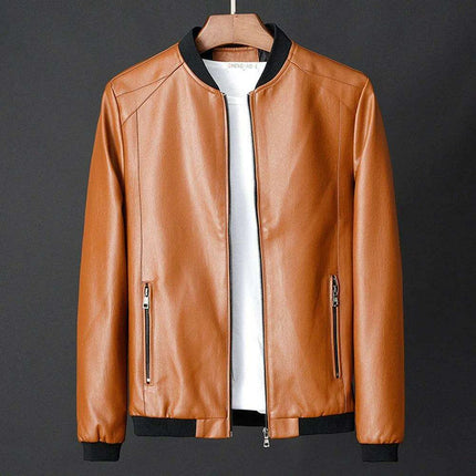 Men's Stylish Collarless Slim Fit Faux Leather Jacket - Trendy Korean Baseball Coat - Très Elite