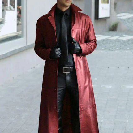 Men's Stylish Gothic Black Faux Leather Long Coat - Chic Winter Essential with Lapel Detailing - Très Elite