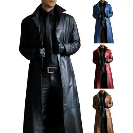 Men's Stylish Gothic Black Faux Leather Long Coat - Chic Winter Essential with Lapel Detailing - Très Elite
