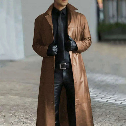 Men's Stylish Gothic Black Faux Leather Long Coat - Chic Winter Essential with Lapel Detailing - Très Elite