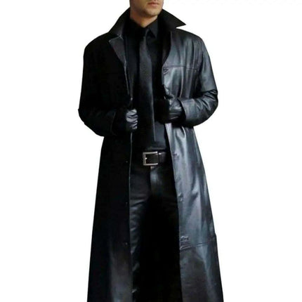 Men's Stylish Gothic Black Faux Leather Long Coat - Chic Winter Essential with Lapel Detailing - Très Elite