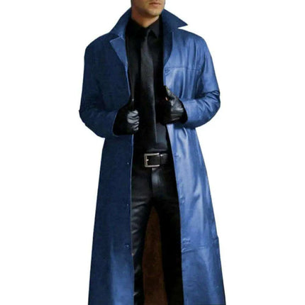Men's Stylish Gothic Black Faux Leather Long Coat - Chic Winter Essential with Lapel Detailing - Très Elite