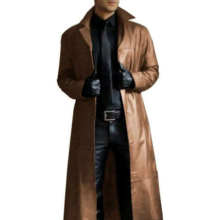 Men's Stylish Gothic Black Faux Leather Long Coat - Chic Winter Essential with Lapel Detailing - Très Elite