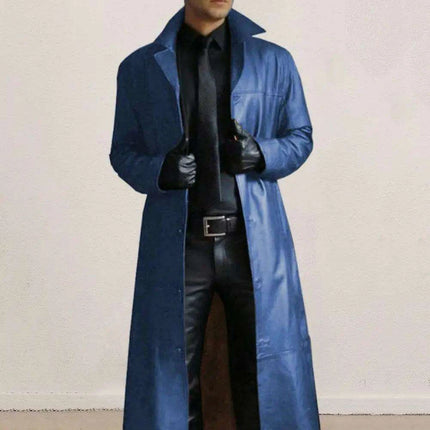 Men's Stylish Gothic Black Faux Leather Long Coat - Chic Winter Essential with Lapel Detailing - Très Elite