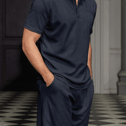 Men's lapel polo shirt short-sleeved T-shirt pocket decoration shorts two-piece set - Très Elite