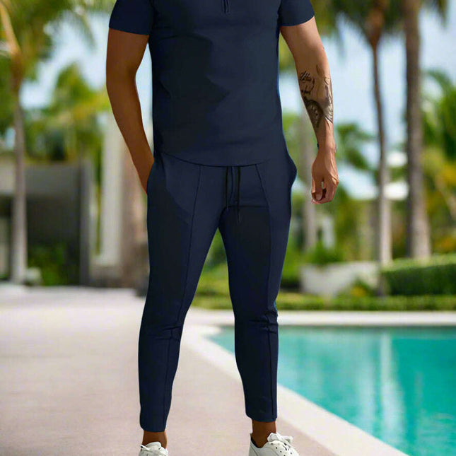 Men's solid color lapel short-sleeved POLO shirt + trousers two-piece suit