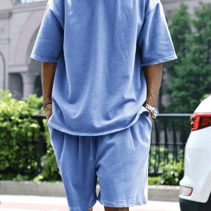 Men's solid color loose short-sleeved shorts set - Très Elite