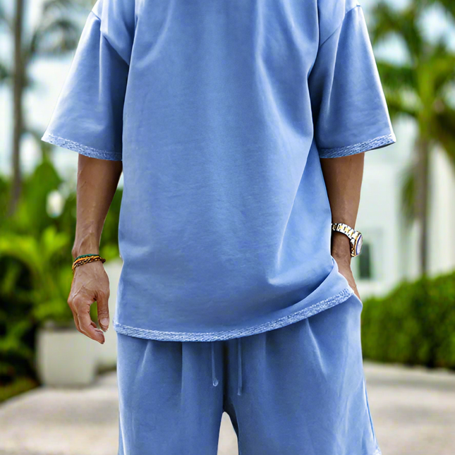 Men's solid color loose short-sleeved shorts set