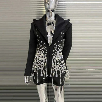Midnight Elegance: Black Crystal Pearl Mini Dress with Chic Suit Collar - Très Elite
