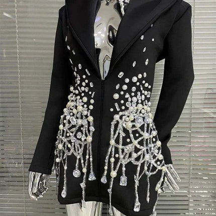 Midnight Elegance: Black Crystal Pearl Mini Dress with Chic Suit Collar - Très Elite