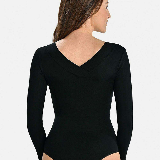 Midnight Elegance V-Neck Bodysuit with Alluring Cut-Out Back