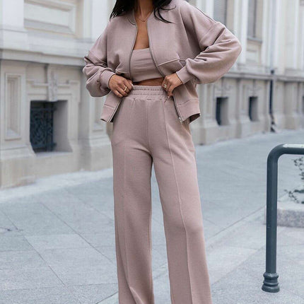 Misty Two Piece Bomber Sweatshirt Set With Wide Leg Pants - Très Elite