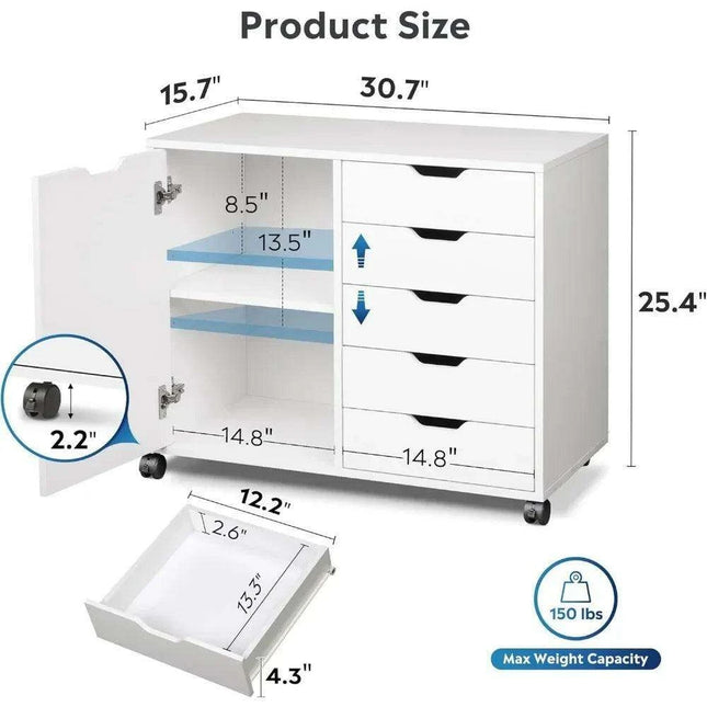 Mobile 5-Drawer Multifunctional Wooden Vanity with Mirror and Ample Workspace