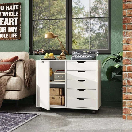 Mobile 5-Drawer Multifunctional Wooden Vanity with Mirror and Ample Workspace - Très Elite