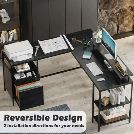 Modern Black L-Shaped Office Desk with Integrated Power Outlets - Très Elite