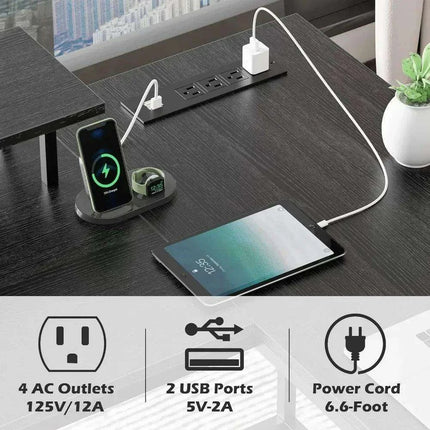 Modern Black L-Shaped Office Desk with Integrated Power Outlets - Très Elite