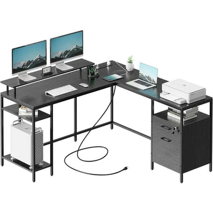 Modern Black L-Shaped Office Desk with Integrated Power Outlets - Très Elite