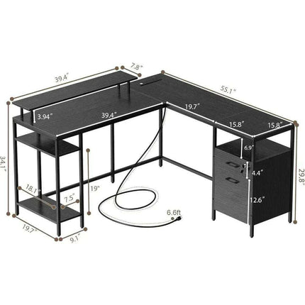 Modern Black L-Shaped Office Desk with Integrated Power Outlets - Très Elite