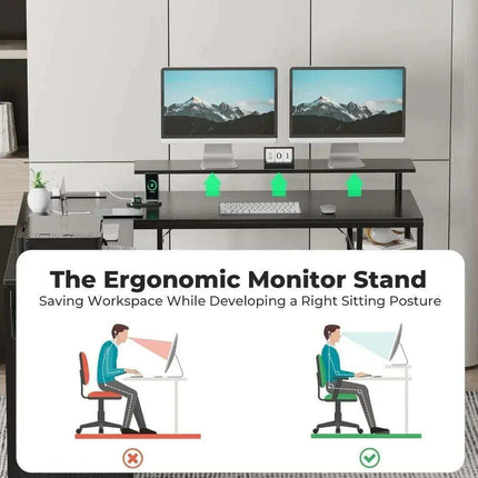 Modern Black L-Shaped Office Desk with Integrated Power Outlets - Très Elite