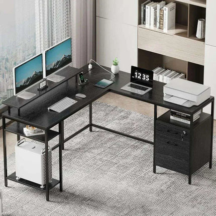 Modern Black L-Shaped Office Desk with Integrated Power Outlets - Très Elite