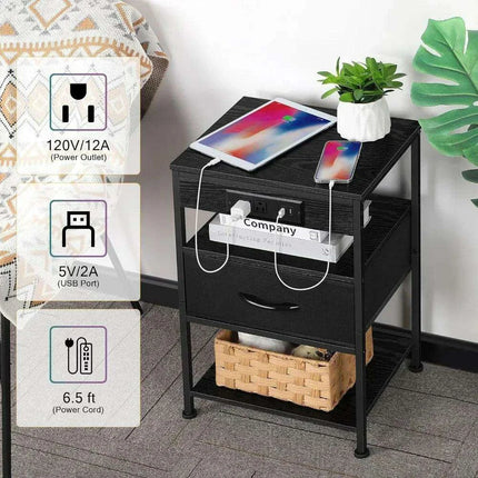 Modern Black Nightstand Set with USB Charging and Power Outlets - 2 Piece - Très Elite