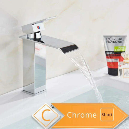 Modern Black Waterfall Faucet with Chrome Accents for Stylish Bathrooms..