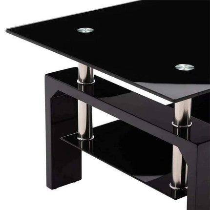 Modern Elegance Black Glass Coffee Table with Metal Framework and Additional Storage - Très Elite