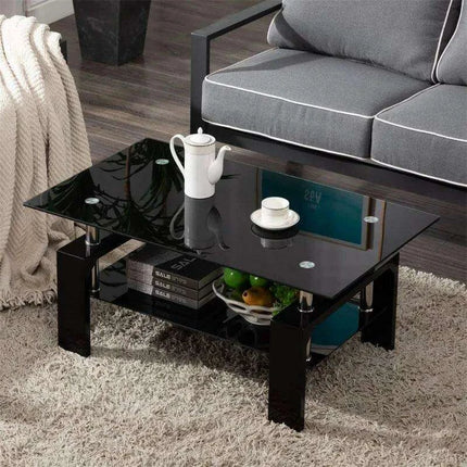 Modern Elegance Black Glass Coffee Table with Metal Framework and Additional Storage - Très Elite