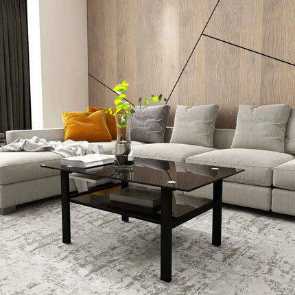 Modern Elegance Black Glass Coffee Table with Metal Framework and Additional Storage - Très Elite