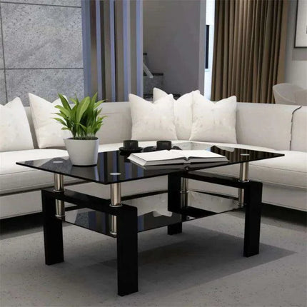 Modern Elegance Black Glass Coffee Table with Metal Framework and Additional Storage - Très Elite