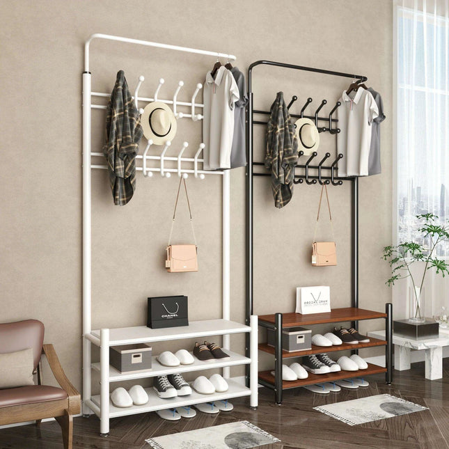 Modern Entryway Organizer with Hooks - Stylish Storage Solution for Shoes and Coats