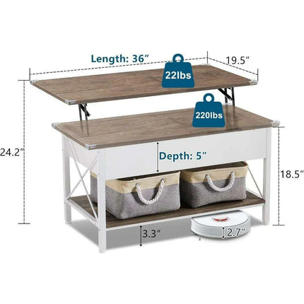 Modern Lift Top Coffee Table with Hidden Storage and Fabric Organizers - Elegant Dark Walnut Finish - Très Elite
