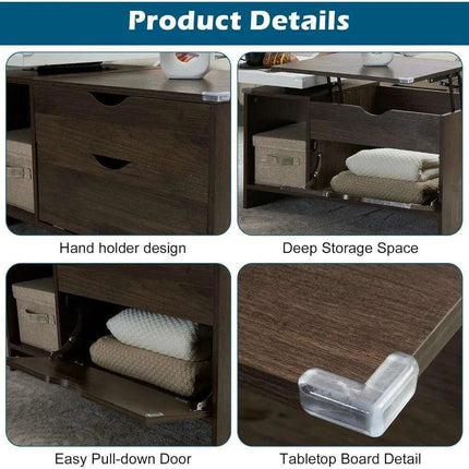 Modern Lift Top Coffee Table with Hidden Storage and Fabric Organizers - Elegant Dark Walnut Finish - Très Elite